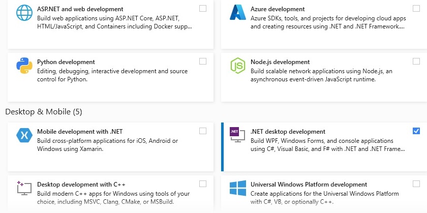 visual studio install workloads